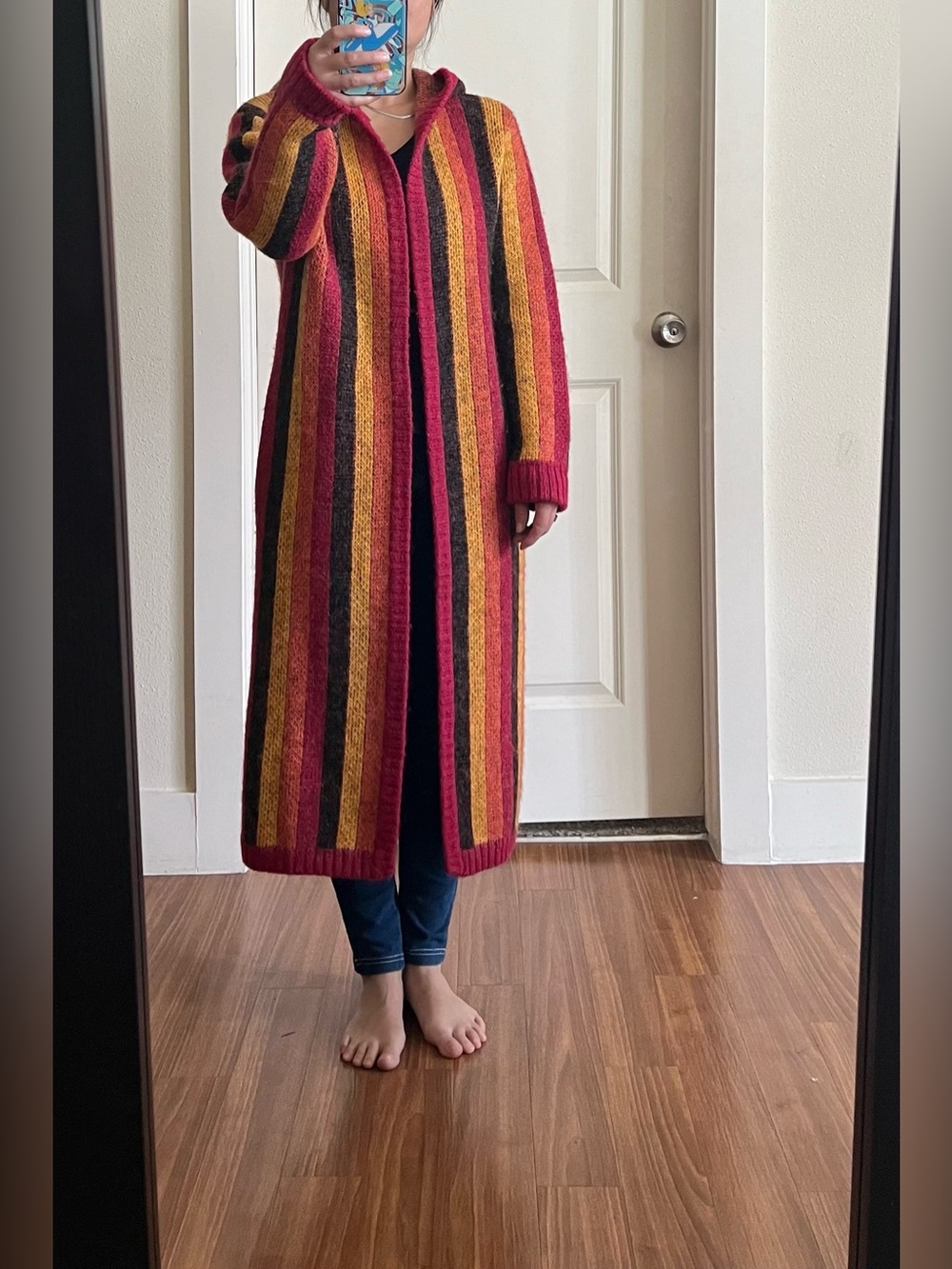 Long Striped Open-Front Cardigan Sweater in Burgundy, Mustard & Black